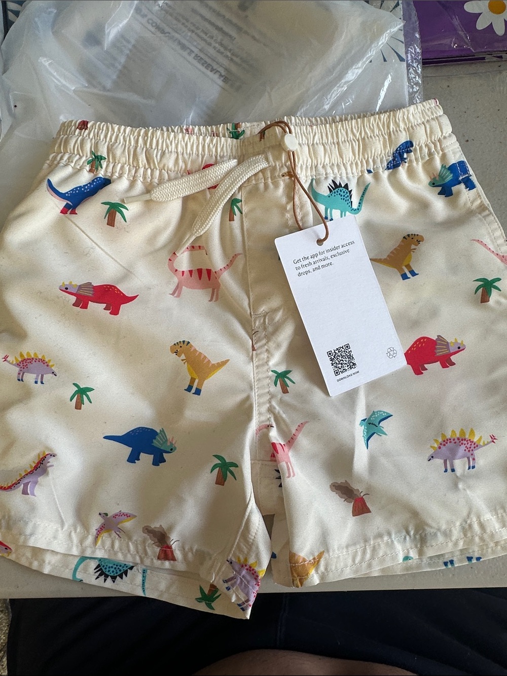 Quince Kids Swim Trunks in Cream with Multicolor Dinosaur Print